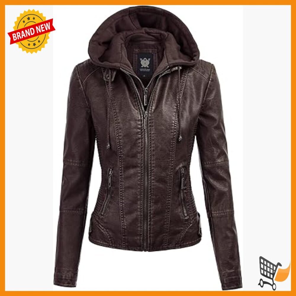 Faux Leather Moto Jacket with Removable Hood, Zippered Pockets, Straight Fit